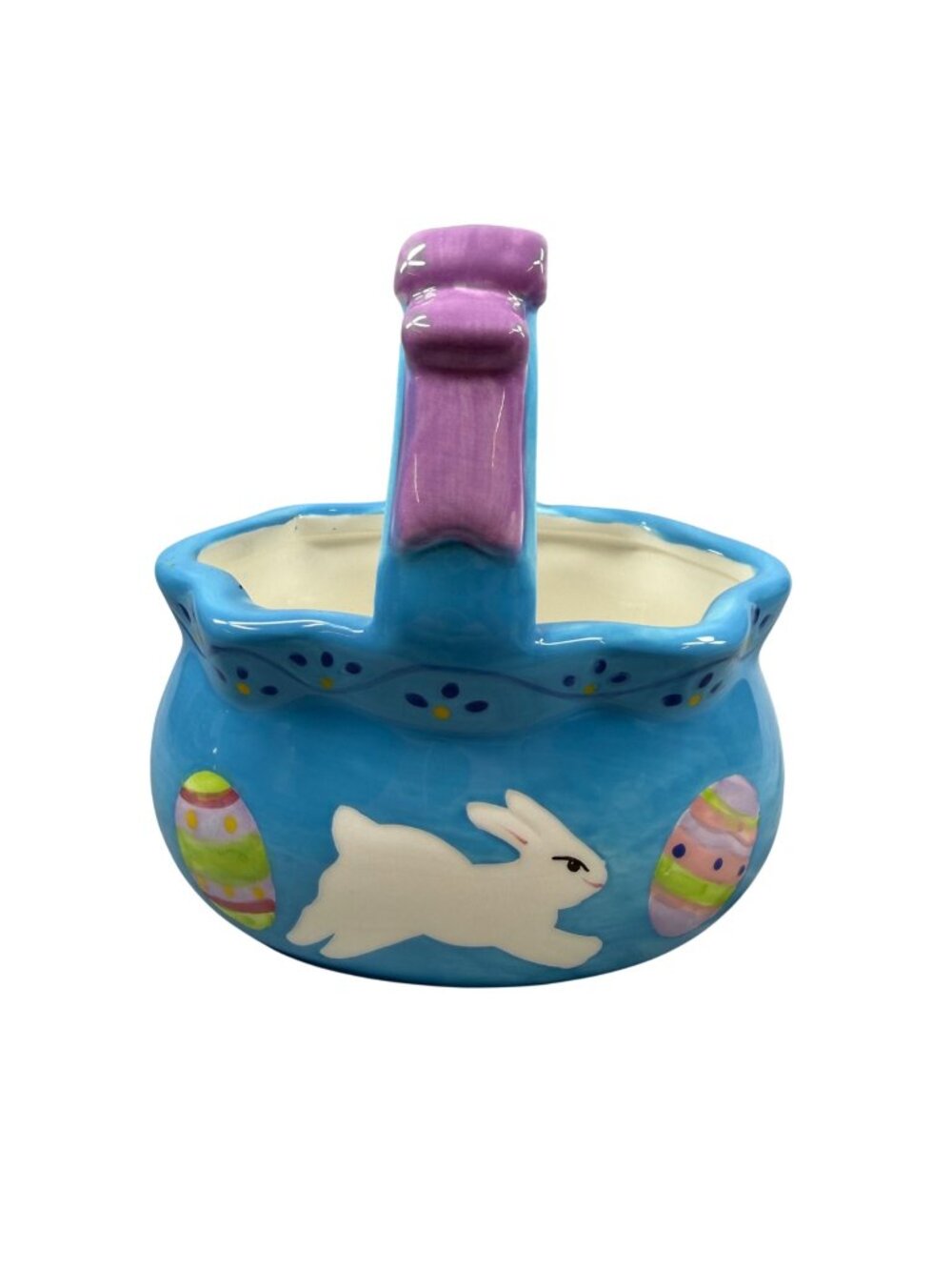 Hand-Painted Ceramic Easter Basket Bunny Egg Design Blue & Purple Spring Décor